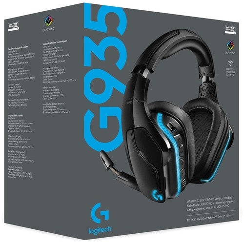 Logitech G935 Wireless 7.1 Surround Lightsync Gaming Headset - Stereo - USB, Mini-phone (3.5mm) - Wired/Wireless - 65.6 ft - 5 Kilo Ohm - 20 Hz to 20 kHz - Over-the-head - Binaural - Circumaural - Cardioid, Uni-directional Microphone - Black, Blue 981-000742 0097855144508