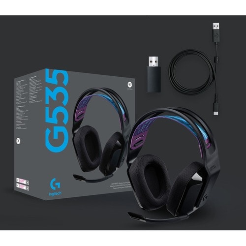 Logitech G535 Gaming Headset - Stereo - USB - Wireless - 39.4 ft - 36 Ohm - 20 Hz to 20 kHz - On-ear - Binaural - Ear-cup - Uni-directional Microphone - Black 981-000971 0097855165428