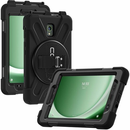Black protective case with stand feature for a green screen device on a white background