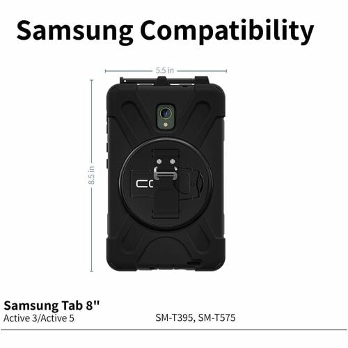 Black protective case for Samsung Tab 8" with compatibility details on a white background