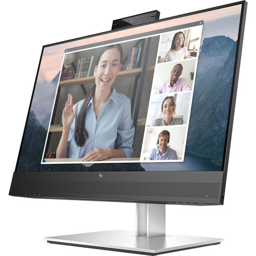 HP Monitor showing the image of a video-conference of 5 people, including 3 women and 2 men. The monitor also has a camera on the top center.