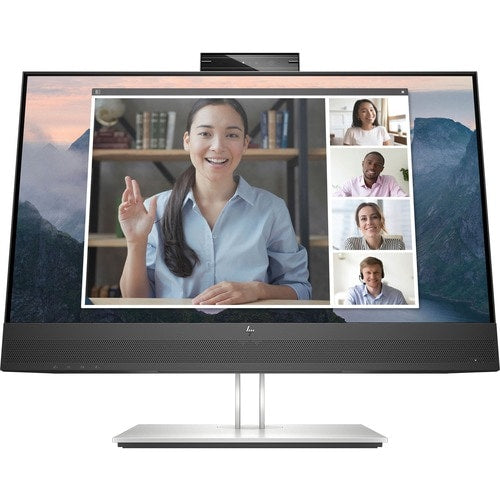 HP Monitor showing the image of a video-conference of 5 people, including 3 women and 2 men. The monitor also has a camera on the top center. The photo shows the monitor from the front.