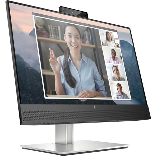 HP Monitor showing the image of a video-conference of 5 people, including 3 women and 2 men. The monitor also has a camera on the top center.