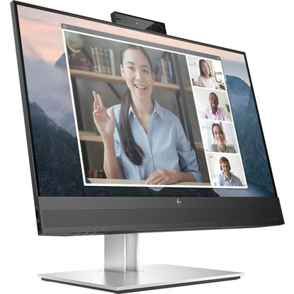HP Monitor showing the image of a video-conference of 5 people, including 3 women and 2 men. The monitor also has a camera on the top center.