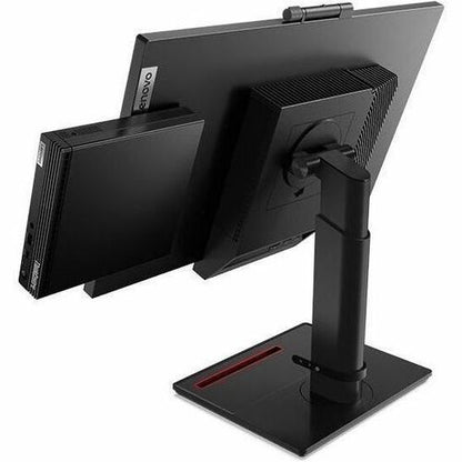 Black computer monitor on a stand with Lenovo logo