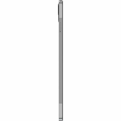 Silver tablet with stylus on a white background