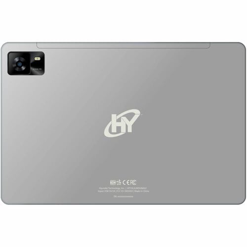 Back view of a silver tablet with a logo on a white background