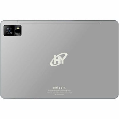 Back view of a silver tablet with a logo on a white background