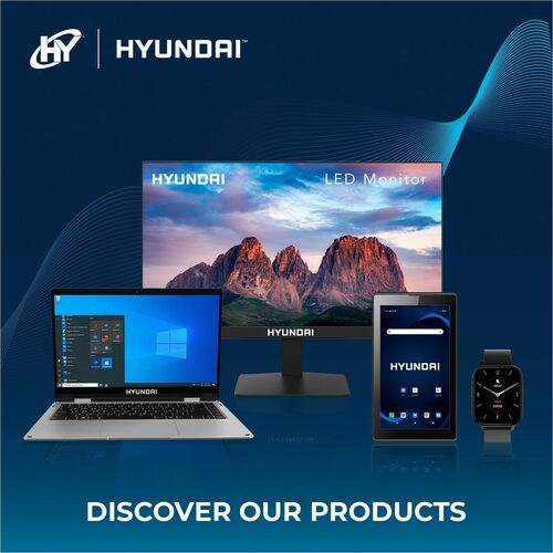 Hyundai electronic products including a laptop, monitor, tablet, and watch on a blue background with the Hyundai logo.