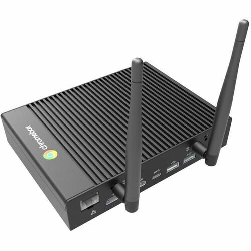Black router with antennas on a white background