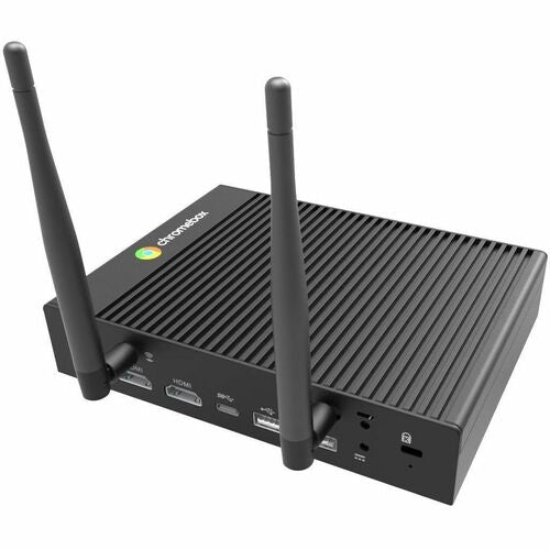 Black router with antennas on a white background