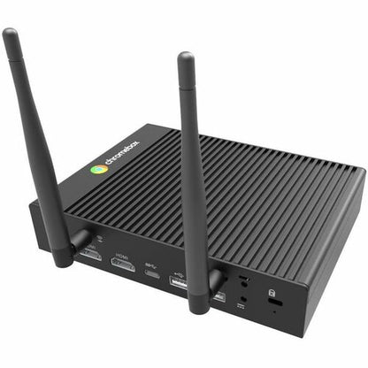 Black router with antennas on a white background