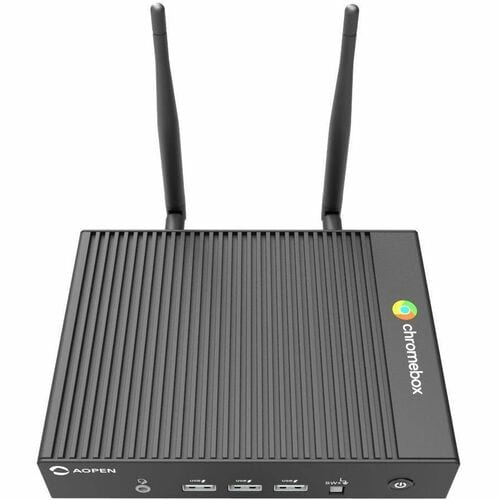 Aopen Chromebox computer with antennas on a white background