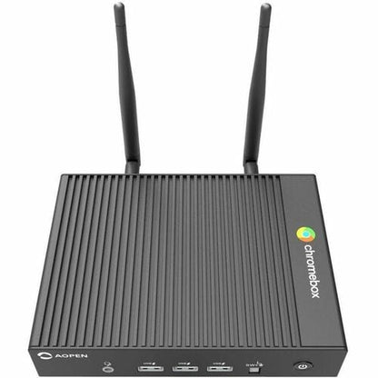 Aopen Chromebox computer with antennas on a white background