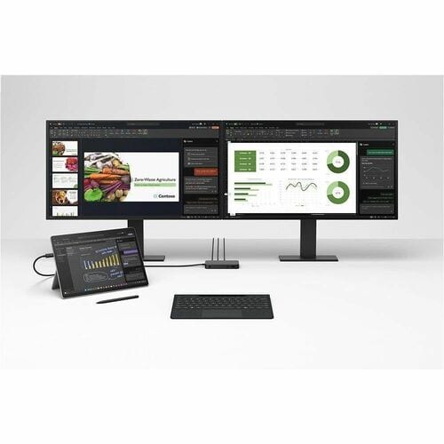 Multi-monitor setup with a tablet and keyboard on a white background