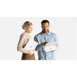 Two people holding white boxes against a plain background