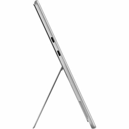 Silver tablet with stand on a white background