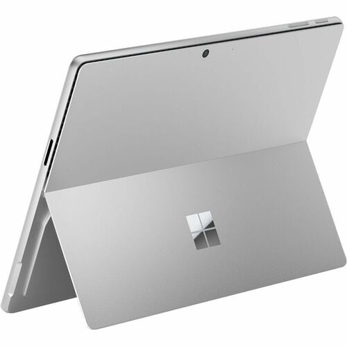 Silver Microsoft Surface device with stand on a white background