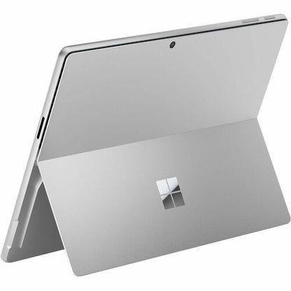 Silver Microsoft Surface device with stand on a white background