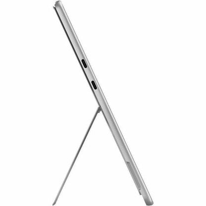 Silver tablet with stand on a white background