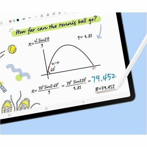 Tablet screen with mathematical calculations and a tennis ball illustration on a light blue background