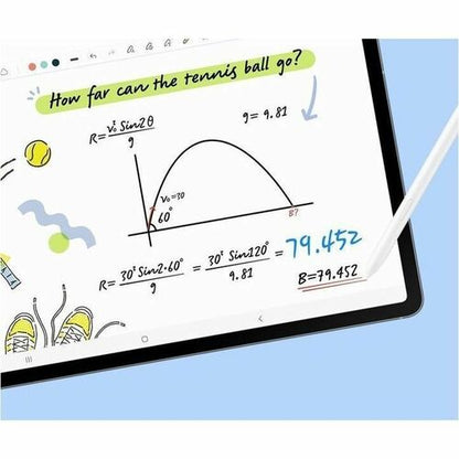 Tablet screen with mathematical calculations and a tennis ball illustration on a light blue background