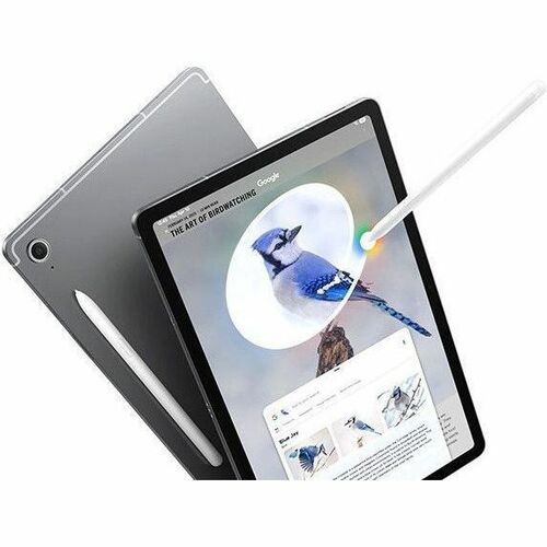 Tablet with stylus on screen displaying birdwatching app, surrounded by additional tablets.