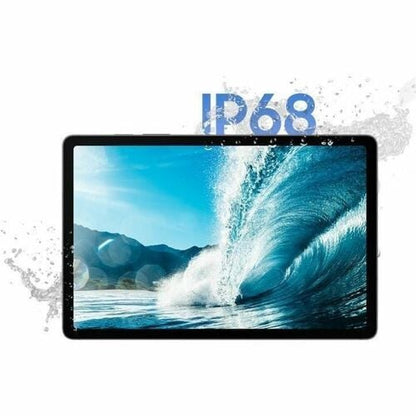 Tablet with screen displaying a mountain and wave scene, featuring IP68 rating on a white background.