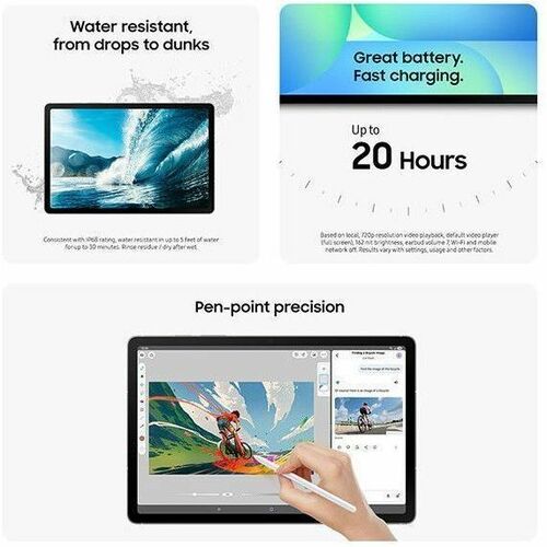 Tablet with stylus, water-resistant feature, battery life, and pen-point precision highlighted on a white background.