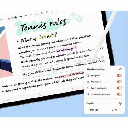Screen displaying tennis rules with digital handwriting correction tool on a tablet.