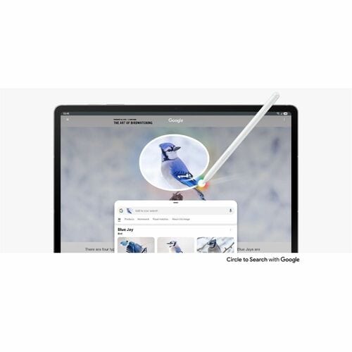 Tablet with Google search interface on screen, stylus held above.