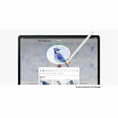 Tablet with Google search interface on screen, stylus held above.