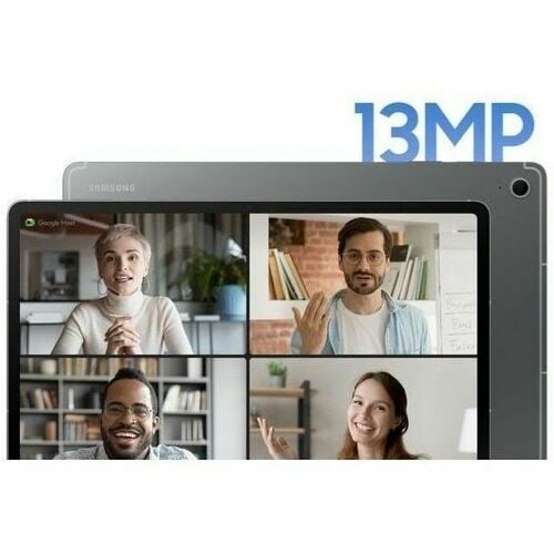 Samsung tablet displaying a video call with four people, emphasizing the 13MP camera quality.