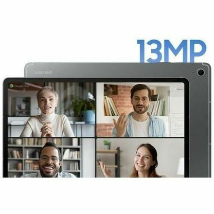 Samsung tablet displaying a video call with four people, emphasizing the 13MP camera quality.