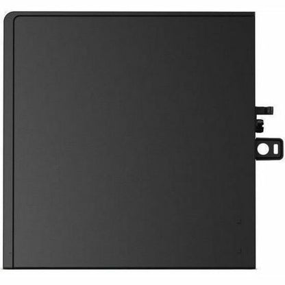 Black rectangular object with a small component on a white background
