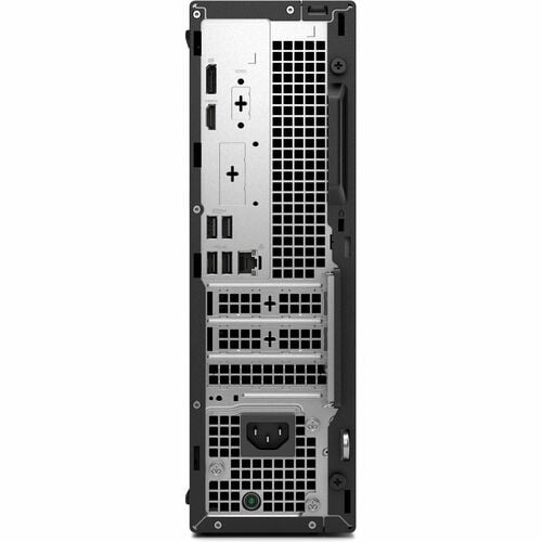 Dell Optiplex computer in black, seen from behind, with four USB ports, one HDMI port, 1 ethernet port, 1 power connector, and one display port.