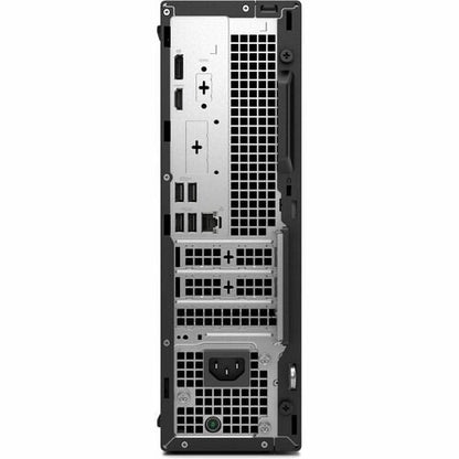 Dell Optiplex computer in black, seen from behind, with four USB ports, one HDMI port, 1 ethernet port, 1 power connector, and one display port.