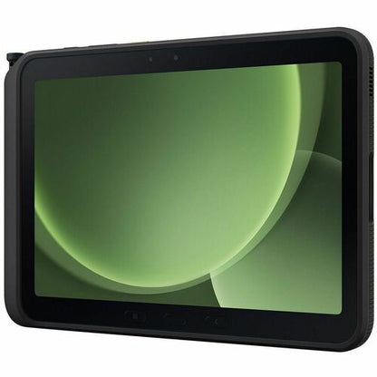 Black tablet with a green screen on a white background