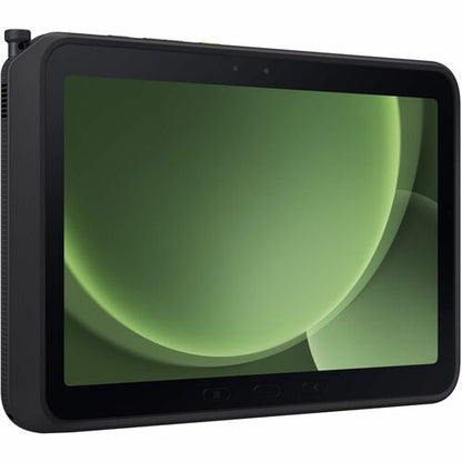 Black tablet with a green screen on a white background