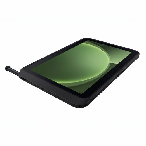 Black tablet with green screen on a white background