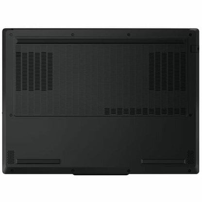 Back view of a black laptop on a white background