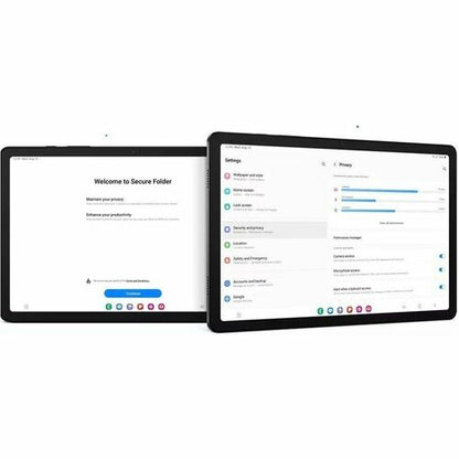 Two tablets displaying different screens on a white background