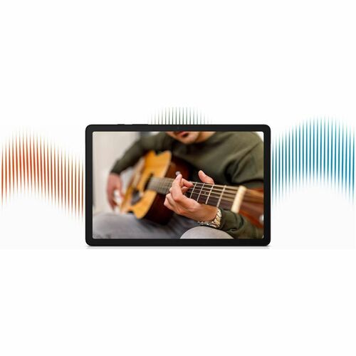 Person playing guitar on a tablet screen with sound wave graphics on a white background