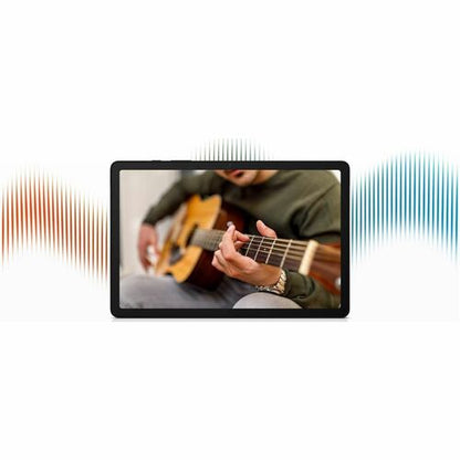 Person playing guitar on a tablet screen with sound wave graphics on a white background