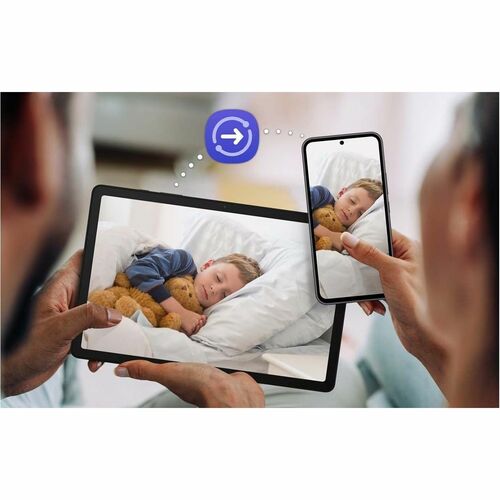 Two screens showing a child sleeping with a teddy bear, connected by a blue icon.